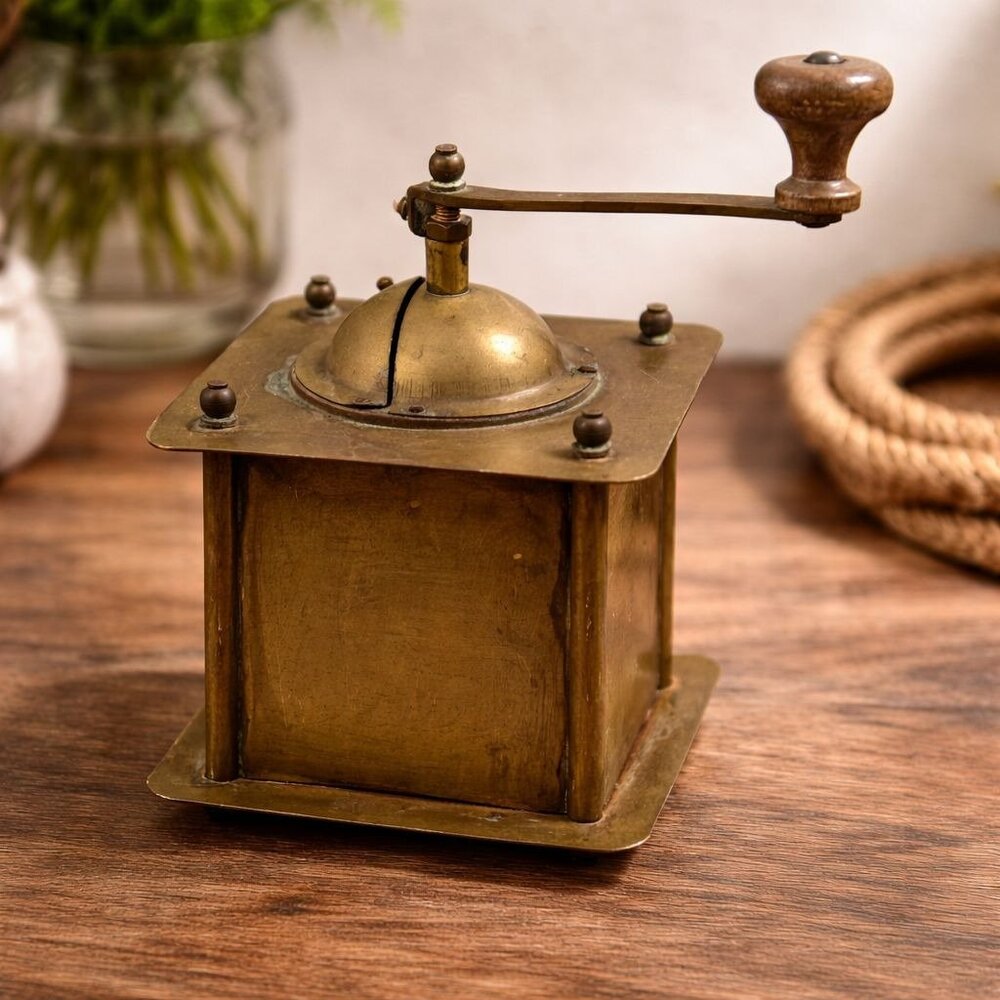 Vintage‎ Brass Coffee Grinder With Wooden Handle Old World Kitchen Charm